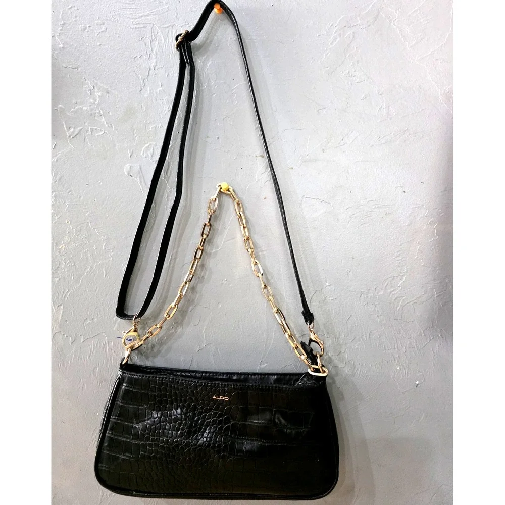 Elegant Aldo Shiny Black Mock Croc Shoulder Bag With Gold Chain Strap Date Night